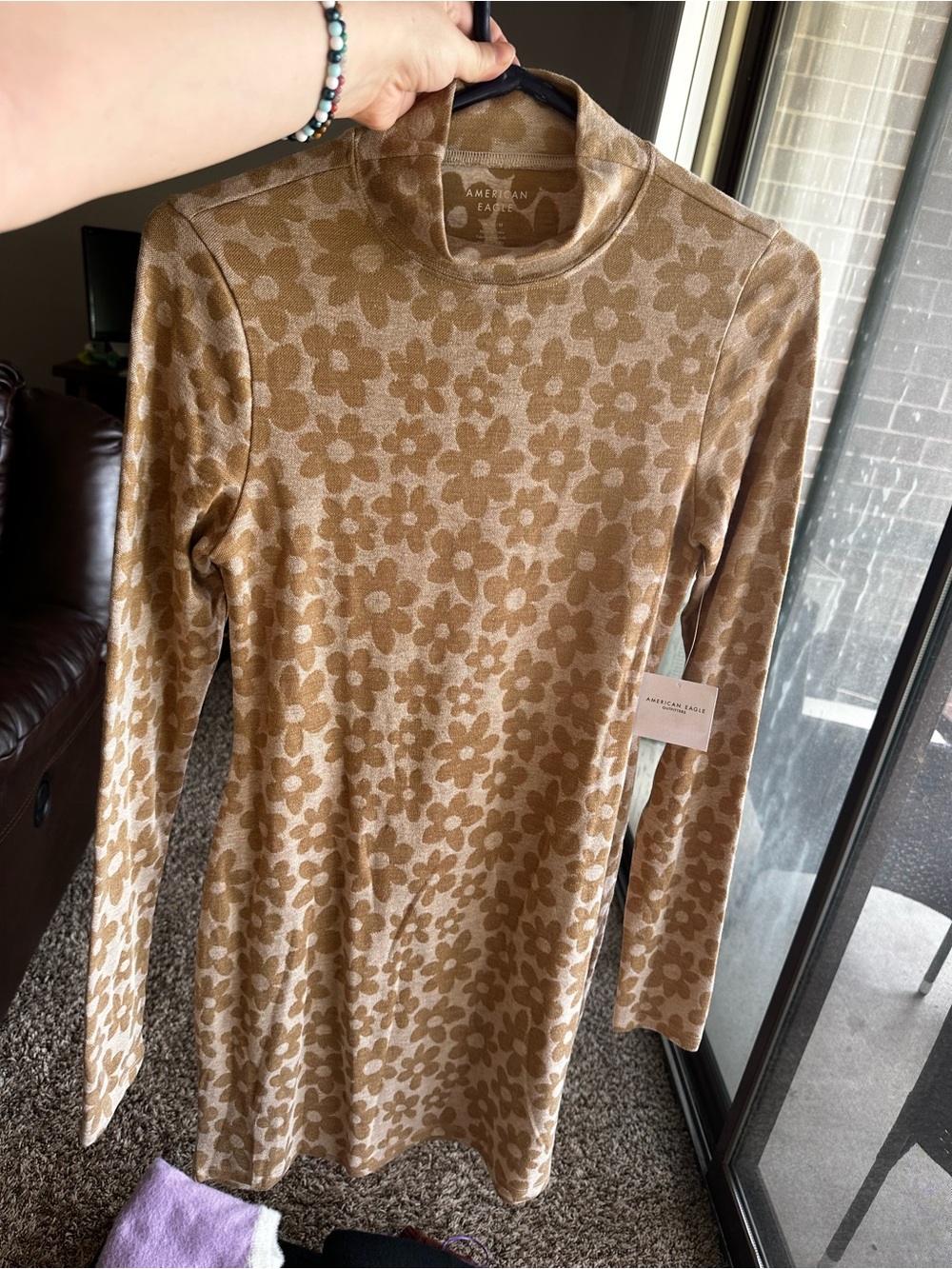 American Eagle Outfitters Tan Floral Mock Neck Long Sleeve Dress